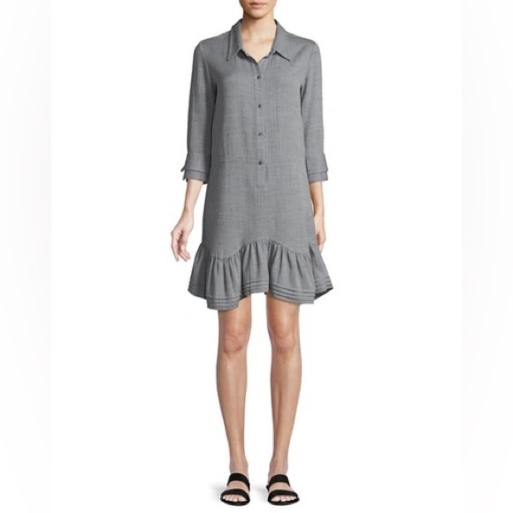HALSTON HERITAGE Flounced Front-Button Heather Gray Cotton Wool Shirt Dress Sz 4
